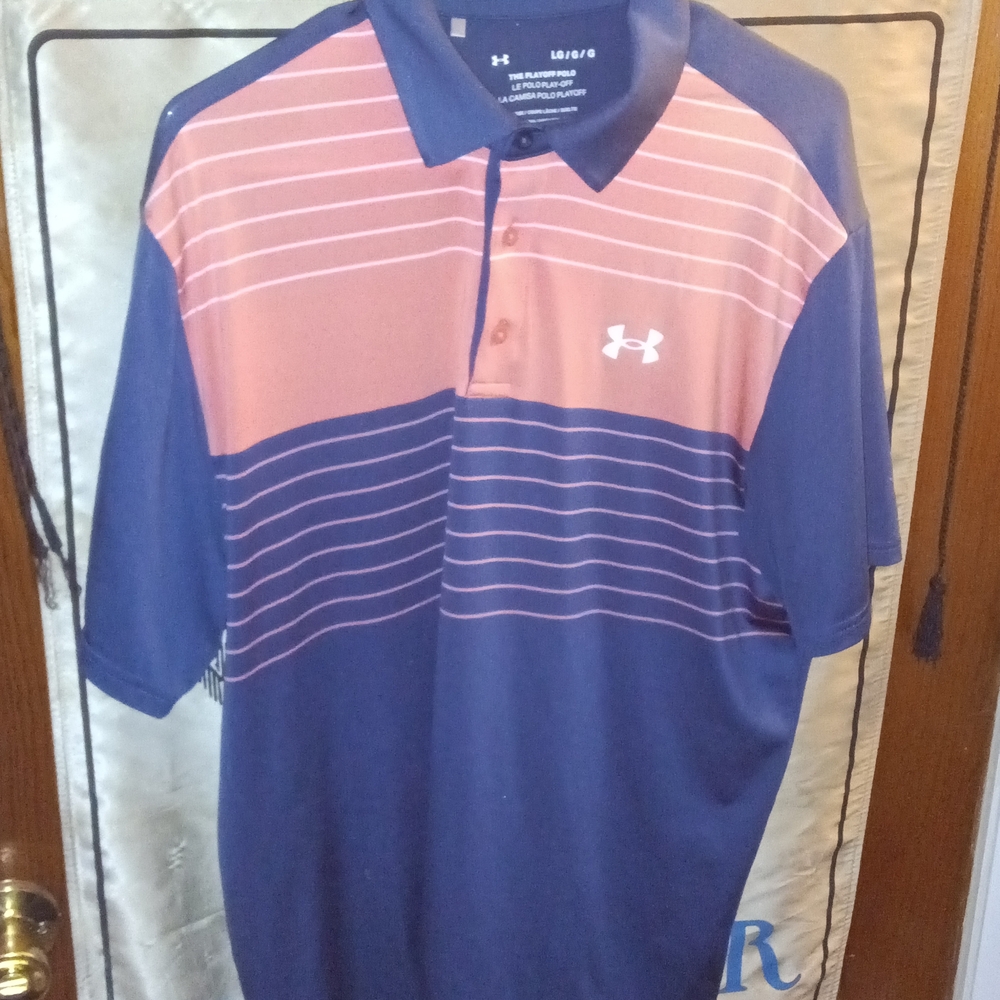 Under Armour Men's Polo with Blue and Pink Stripes